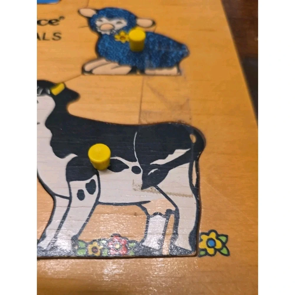 Vtg Wooden Peg Puzzle Lot Fisher Price Farm Animals School Bus Simplex Holland